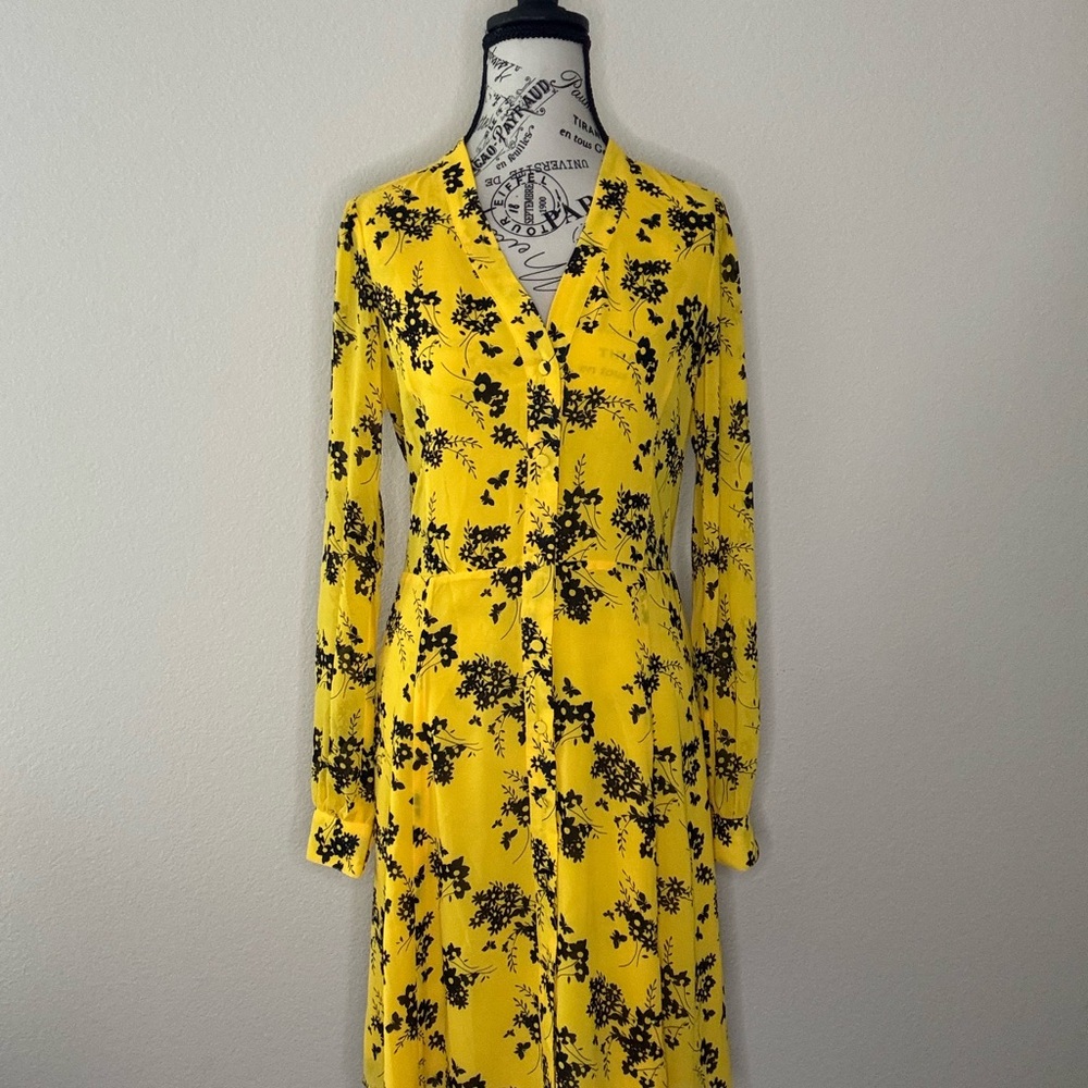 Michael Kors Yellow and Black Floral Long Sleeve Dress
